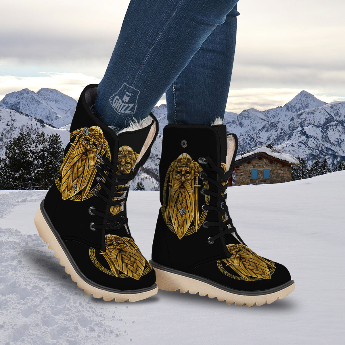 Norse God Odin Gold Viking Print Snow Boots-grizzshop