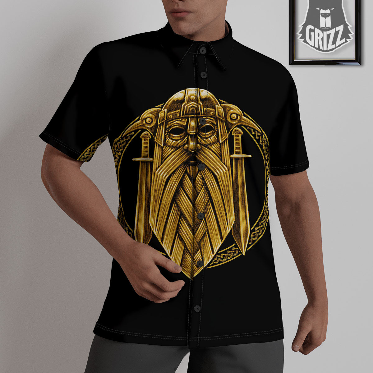 Norse God Odin Gold Viking Print Untucked Shirts-grizzshop