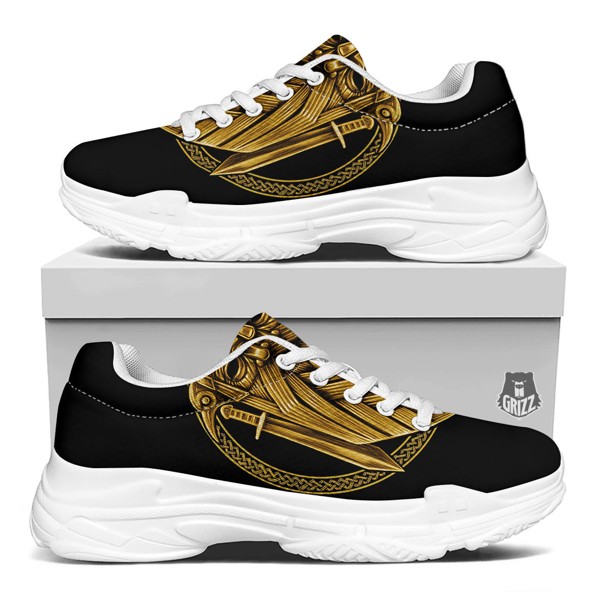 Norse God Odin Gold Viking Print White Chunky Shoes-grizzshop