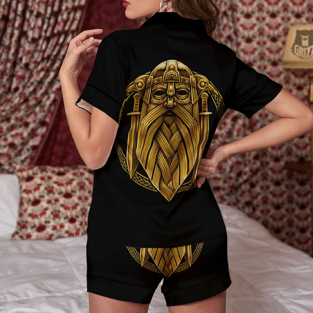Norse God Odin Gold Viking Print Women Silk Pajamas-grizzshop