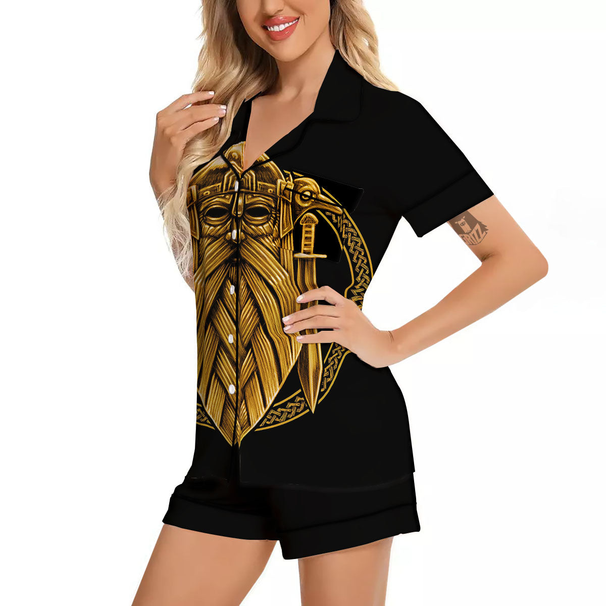 Norse God Odin Gold Viking Print Women Silk Pajamas-grizzshop