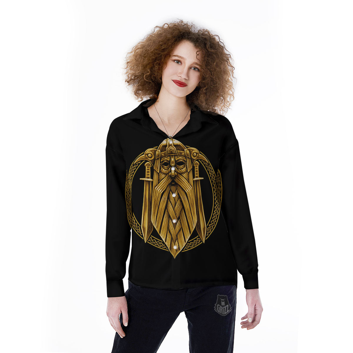 Norse God Odin Gold Viking Print Women's Long Sleeve Shirts-grizzshop