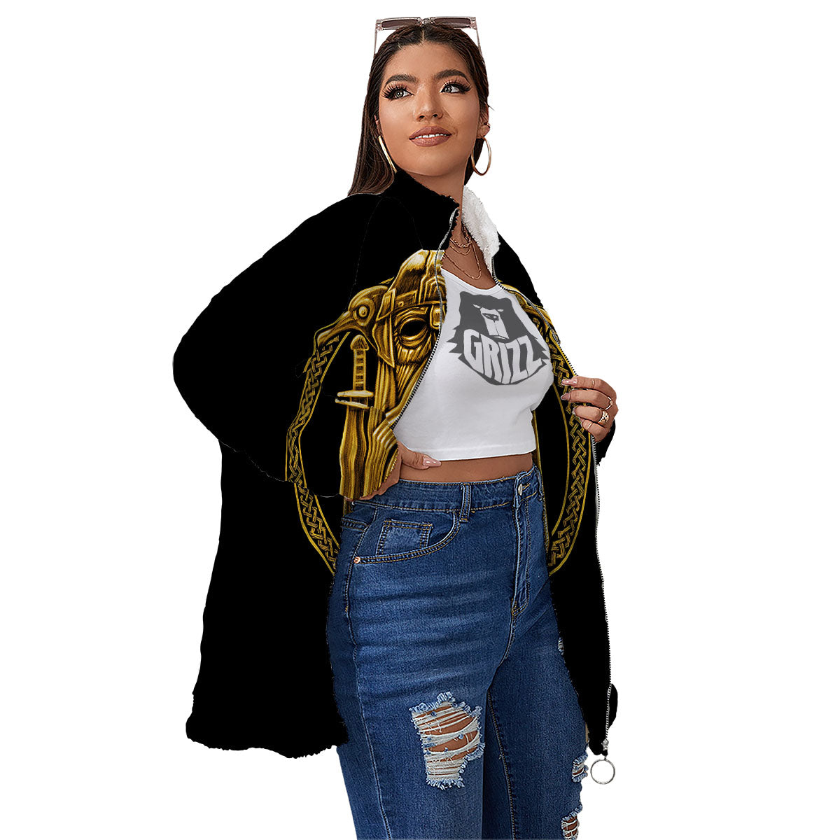 Norse God Odin Gold Viking Print Women's Sherpa Jacket-grizzshop