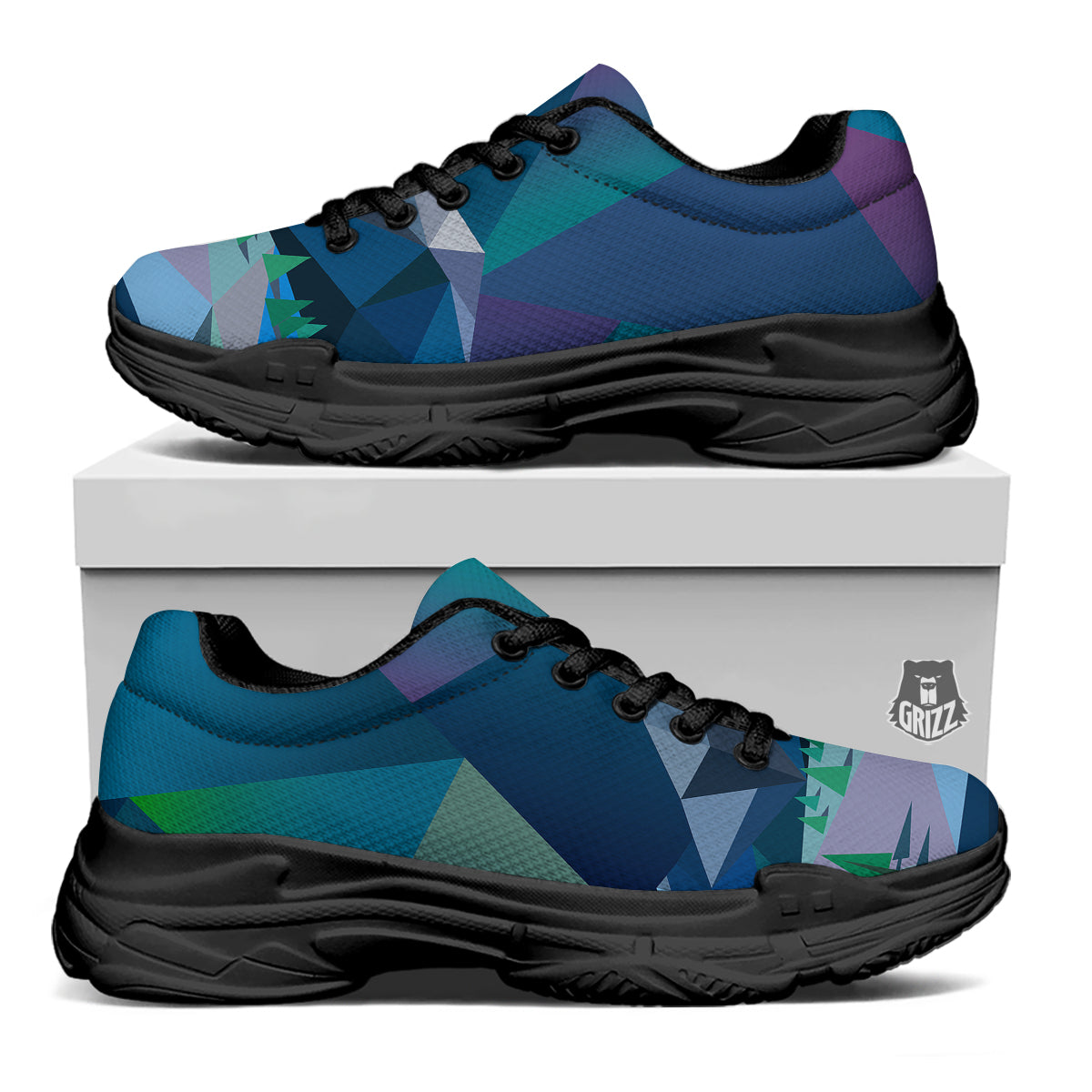 Northern Lights Geometric Polygonal Print Black Chunky Shoes-grizzshop