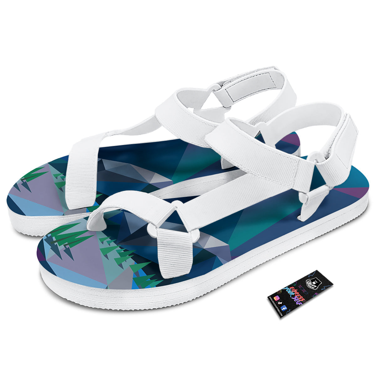 Northern Lights Geometric Polygonal Print White Open Toe Sandals-grizzshop