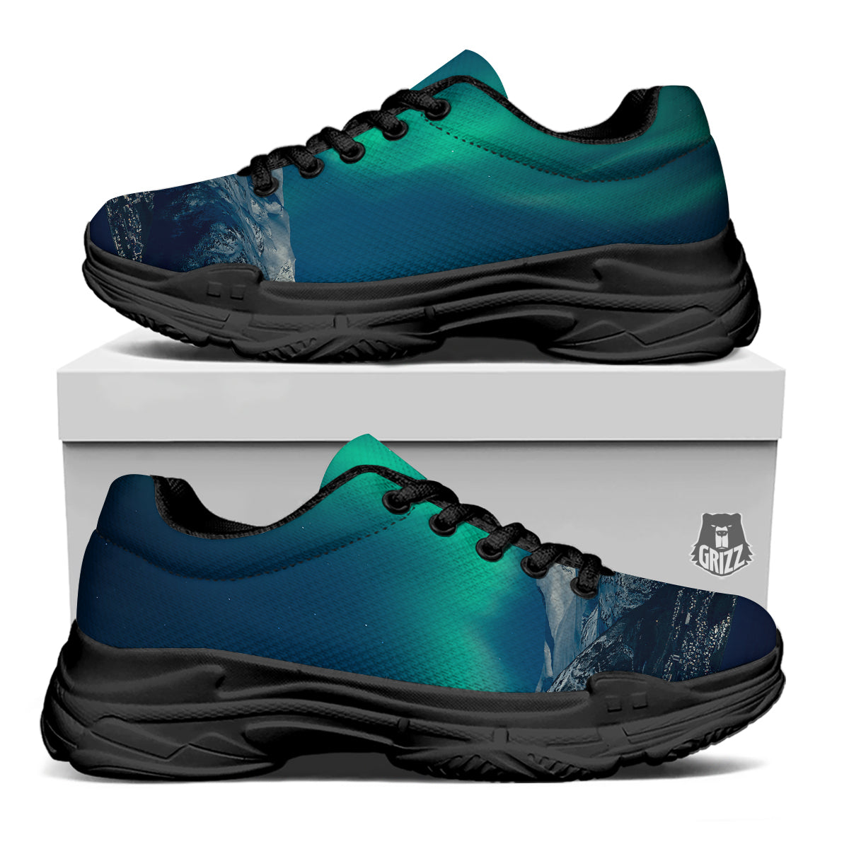 Northern Lights Print Black Chunky Shoes-grizzshop