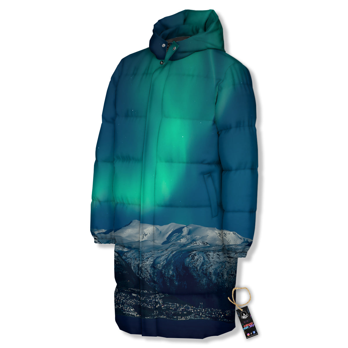 Northern Lights Print Long Down Jacket-grizzshop
