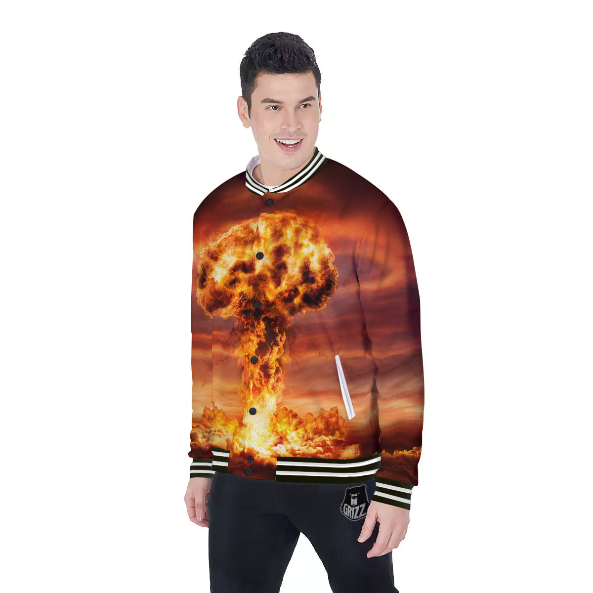 Nuclear Bomb Explosion Print Baseball Jacket-grizzshop
