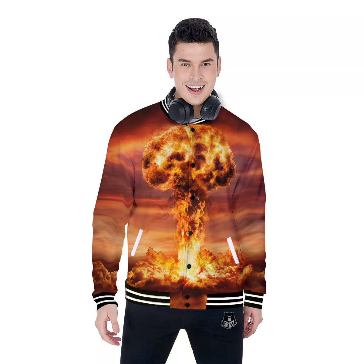 Nuclear Bomb Explosion Print Baseball Jacket-grizzshop