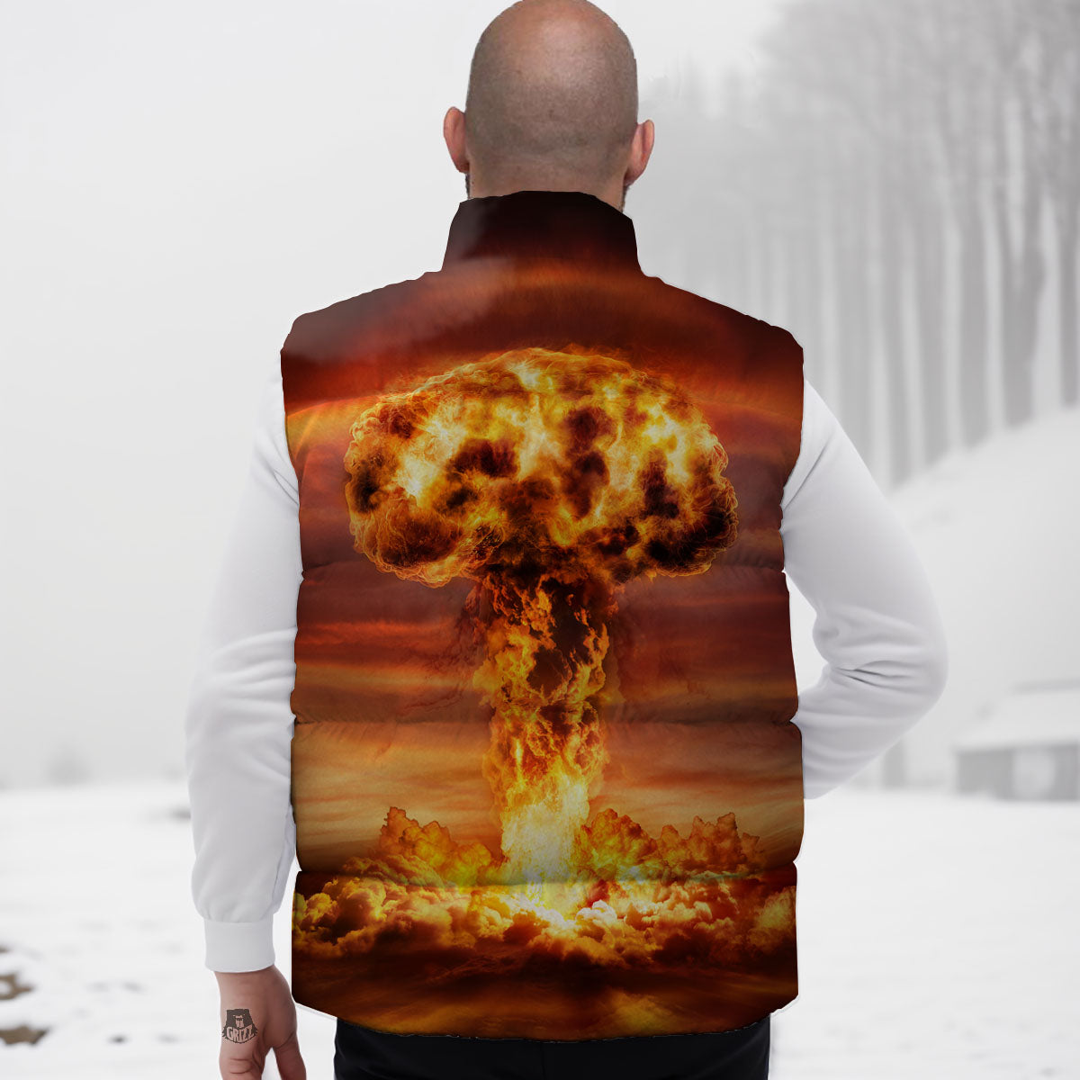 Nuclear Bomb Explosion Print Down Vest-grizzshop