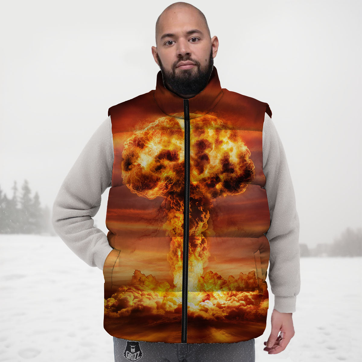 Nuclear Bomb Explosion Print Down Vest-grizzshop
