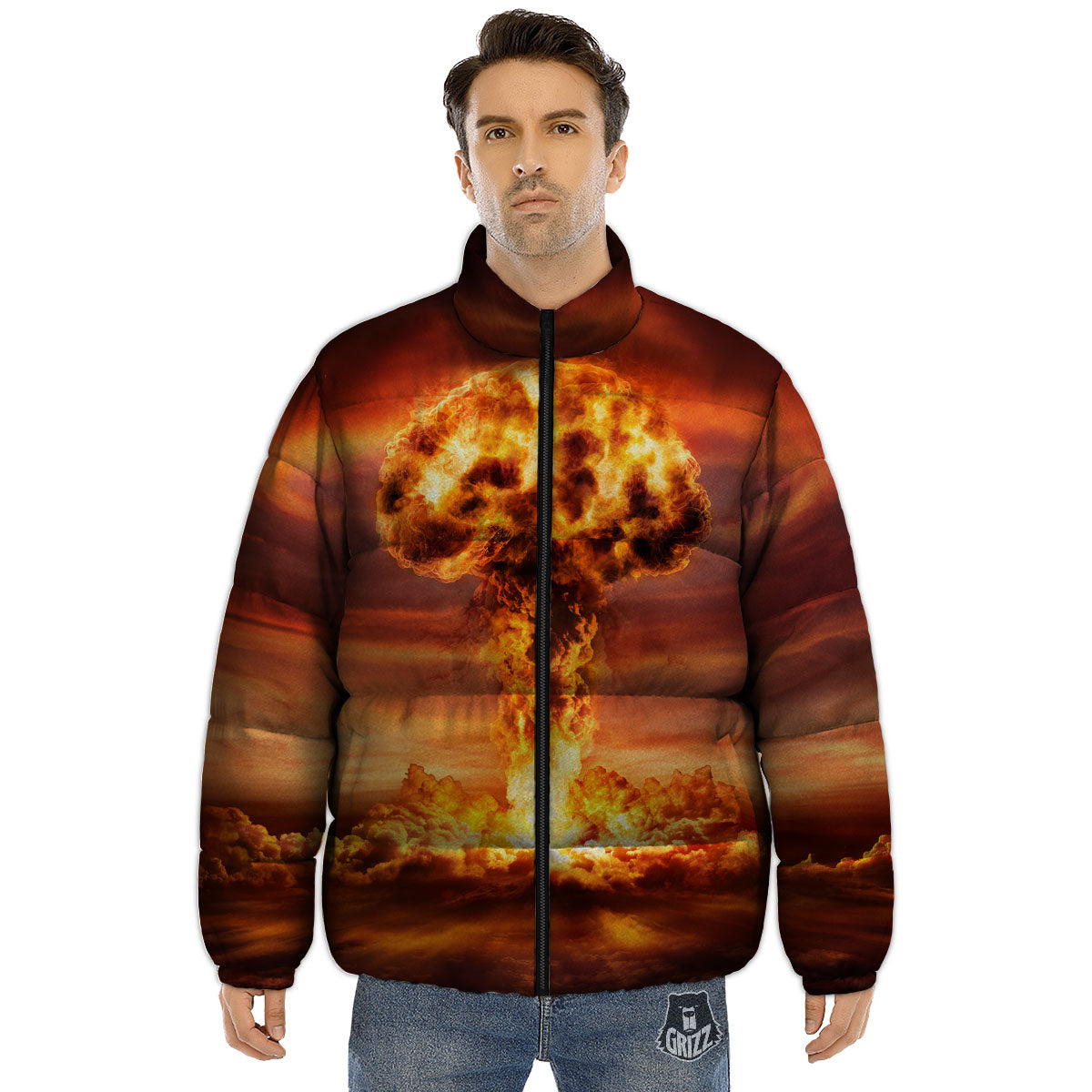 Nuclear Bomb Explosion Print Puffer Jacket-grizzshop