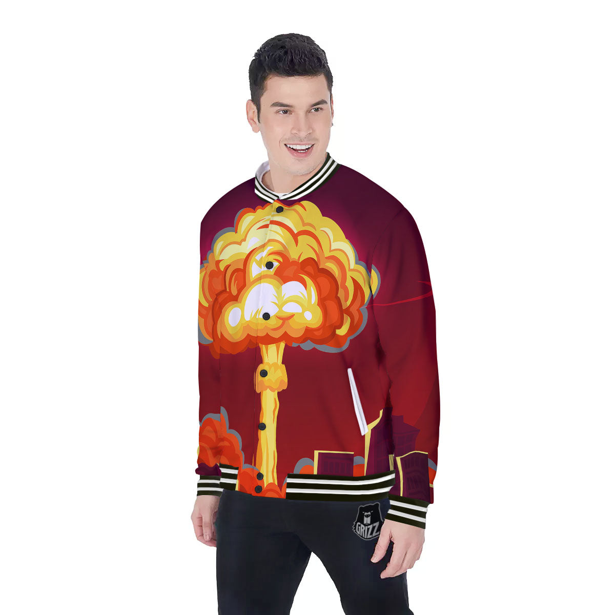 Nuclear Explosion In City Print Baseball Jacket-grizzshop