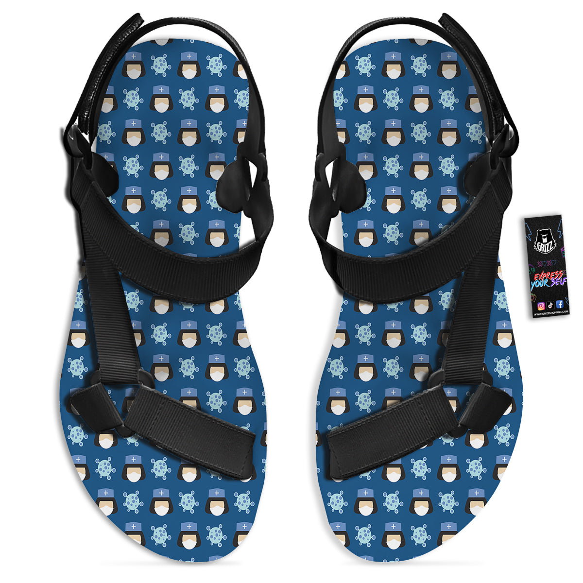Nurse Cute Cartoon Print Pattern Black Open Toe Sandals-grizzshop