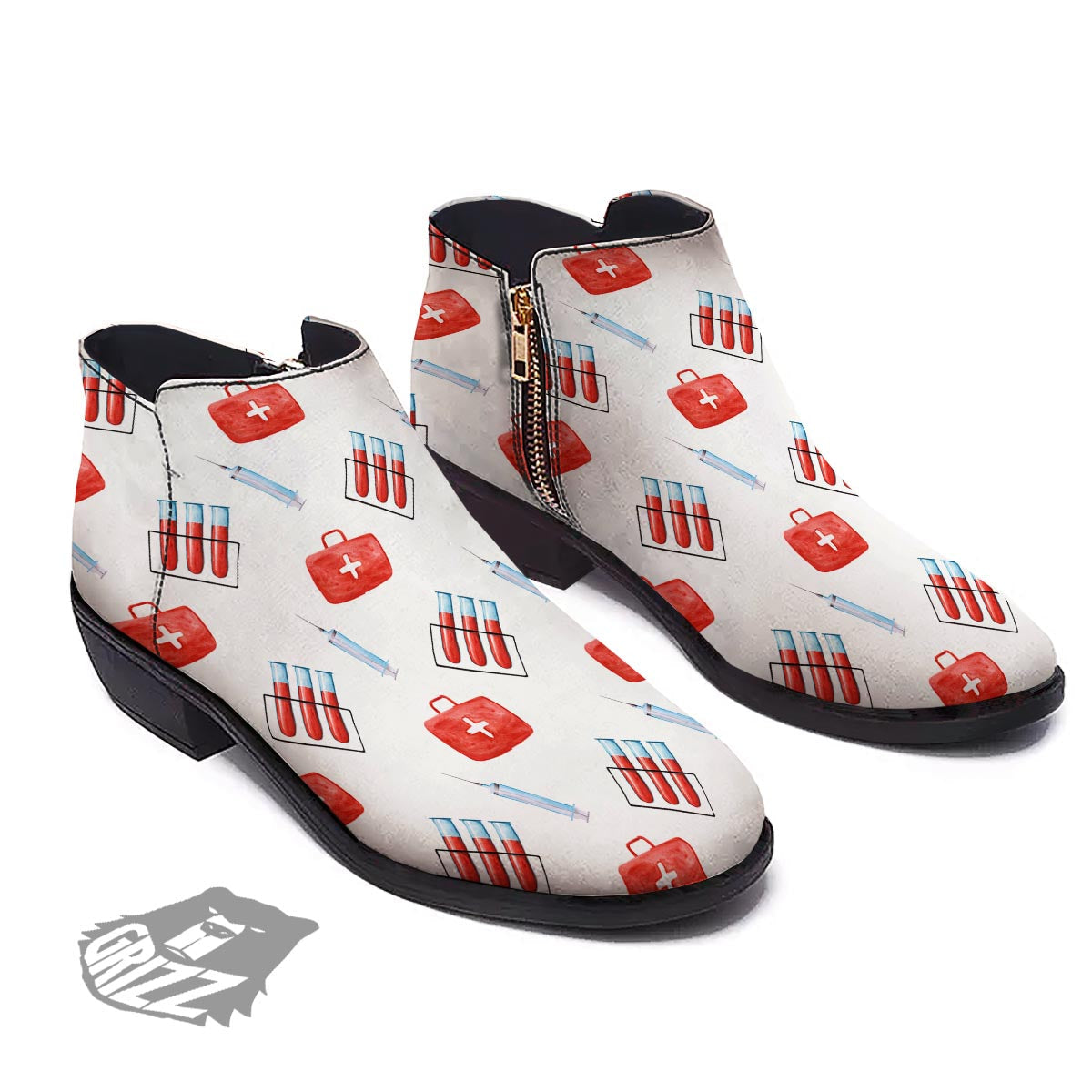 Nurse White And Red Print Pattern Ankle Boots-grizzshop