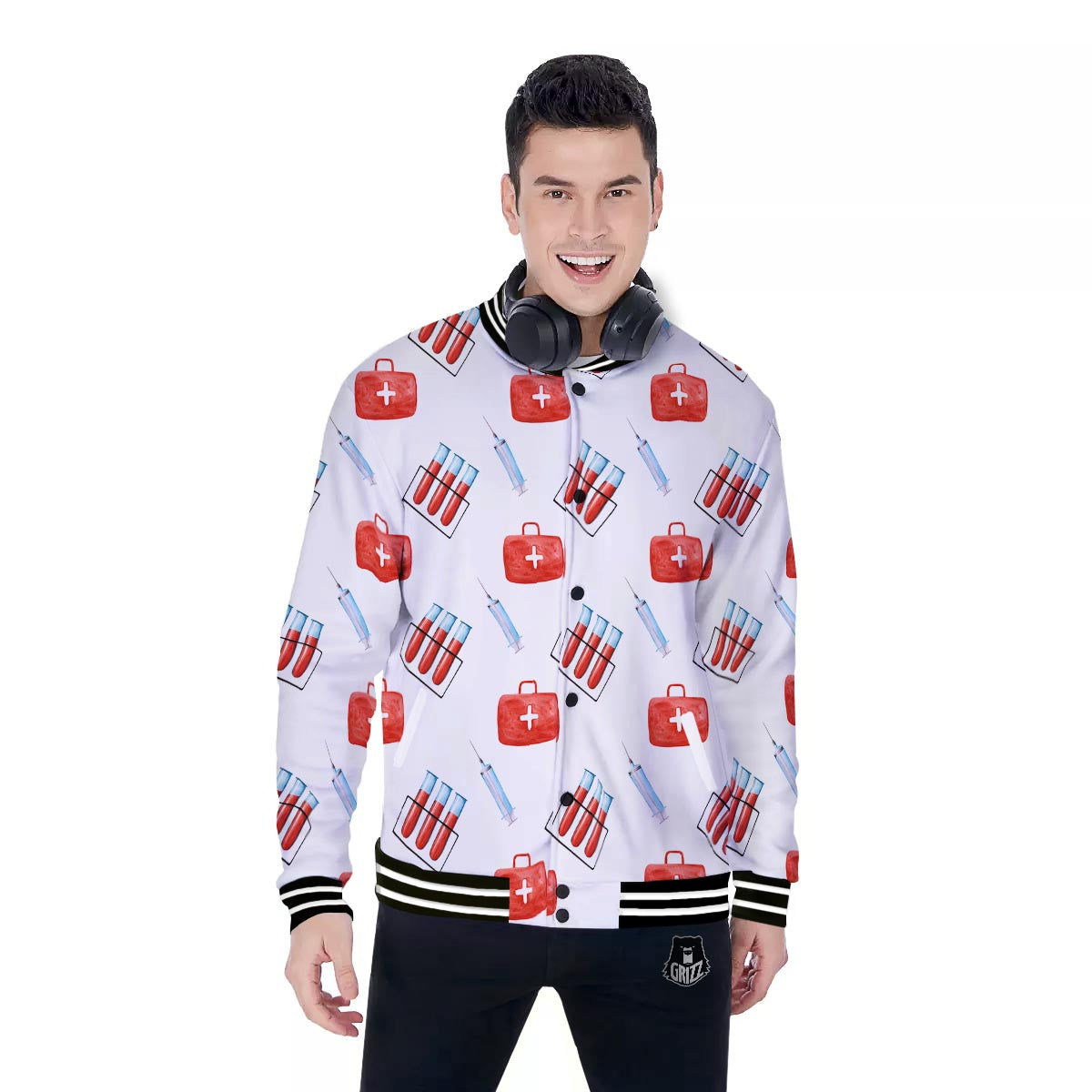 Nurse White And Red Print Pattern Baseball Jacket-grizzshop