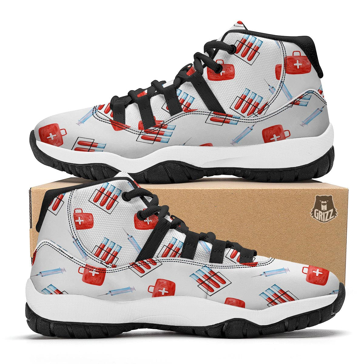 Nurse White And Red Print Pattern Black Bball Shoes-grizzshop