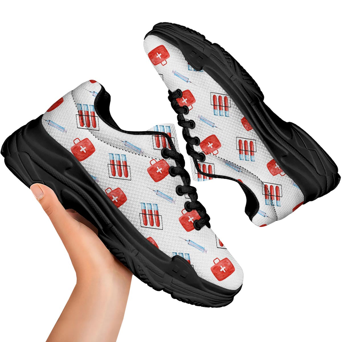 Nurse White And Red Print Pattern Black Chunky Shoes-grizzshop