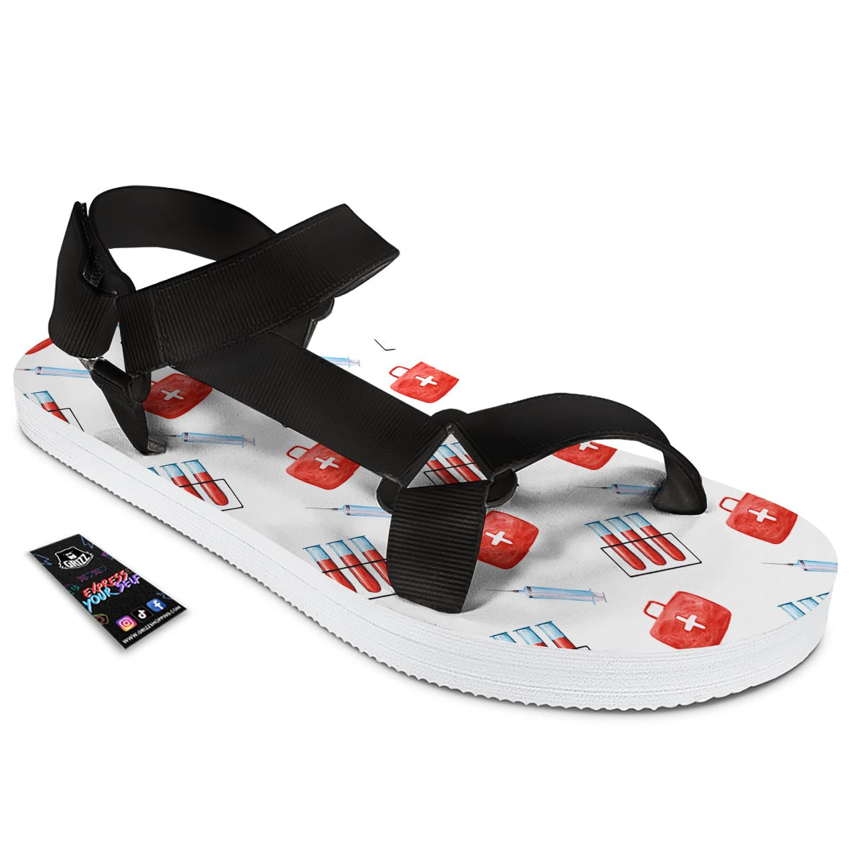 Nurse White And Red Print Pattern Black Open Toe Sandals-grizzshop