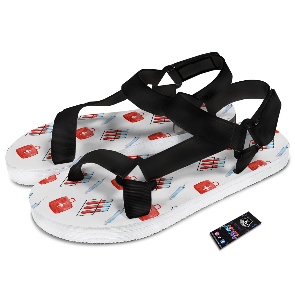 Nurse White And Red Print Pattern Black Open Toe Sandals-grizzshop