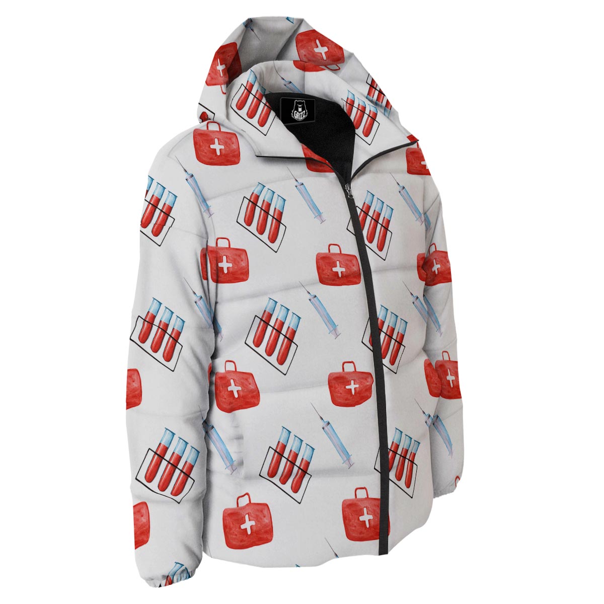 Nurse White And Red Print Pattern Down Jacket-grizzshop
