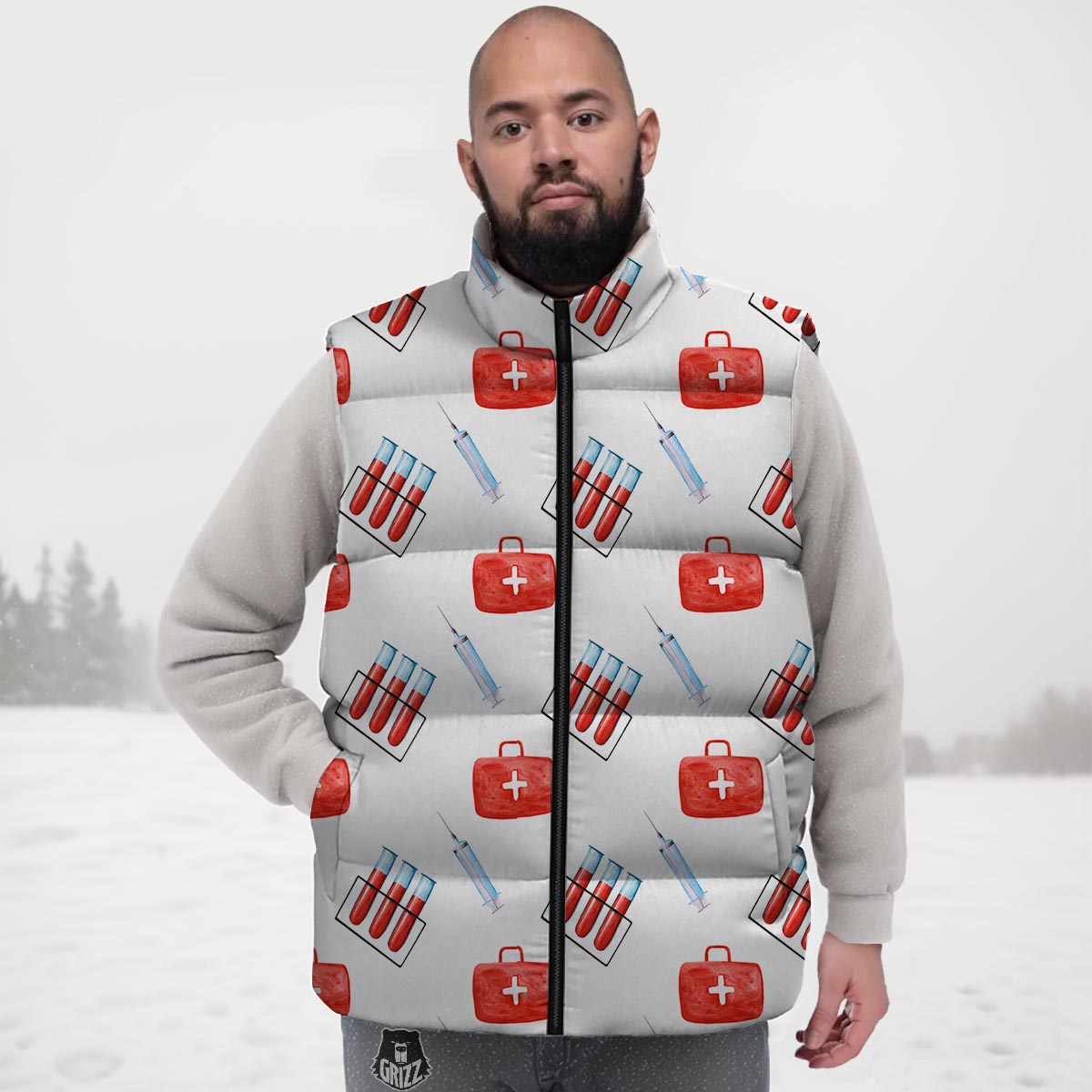 Nurse White And Red Print Pattern Down Vest