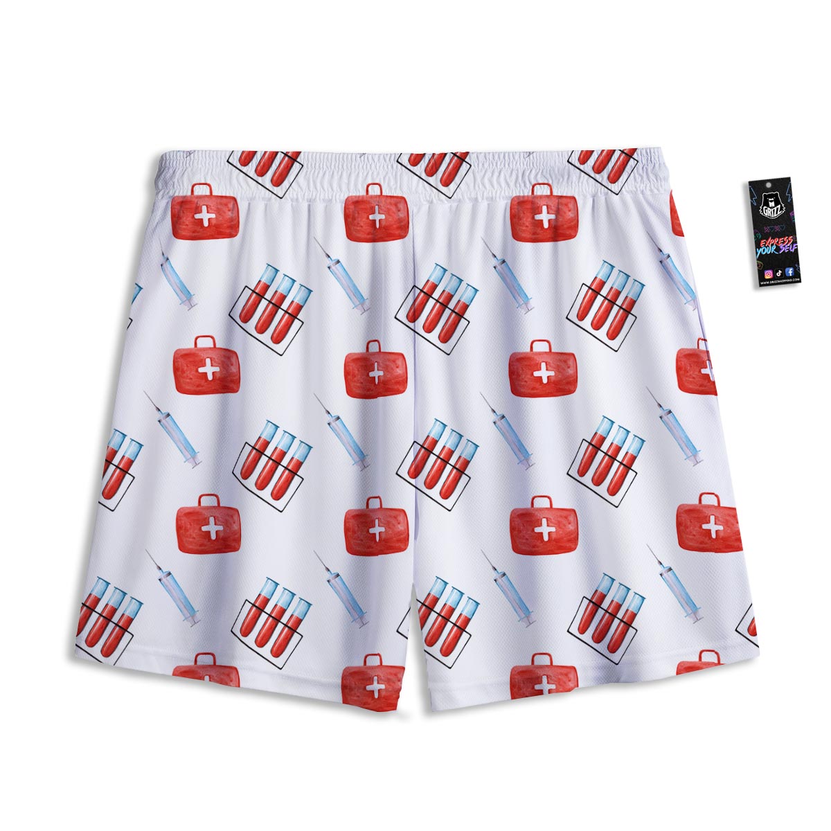 Nurse White And Red Print Pattern Mesh Shorts