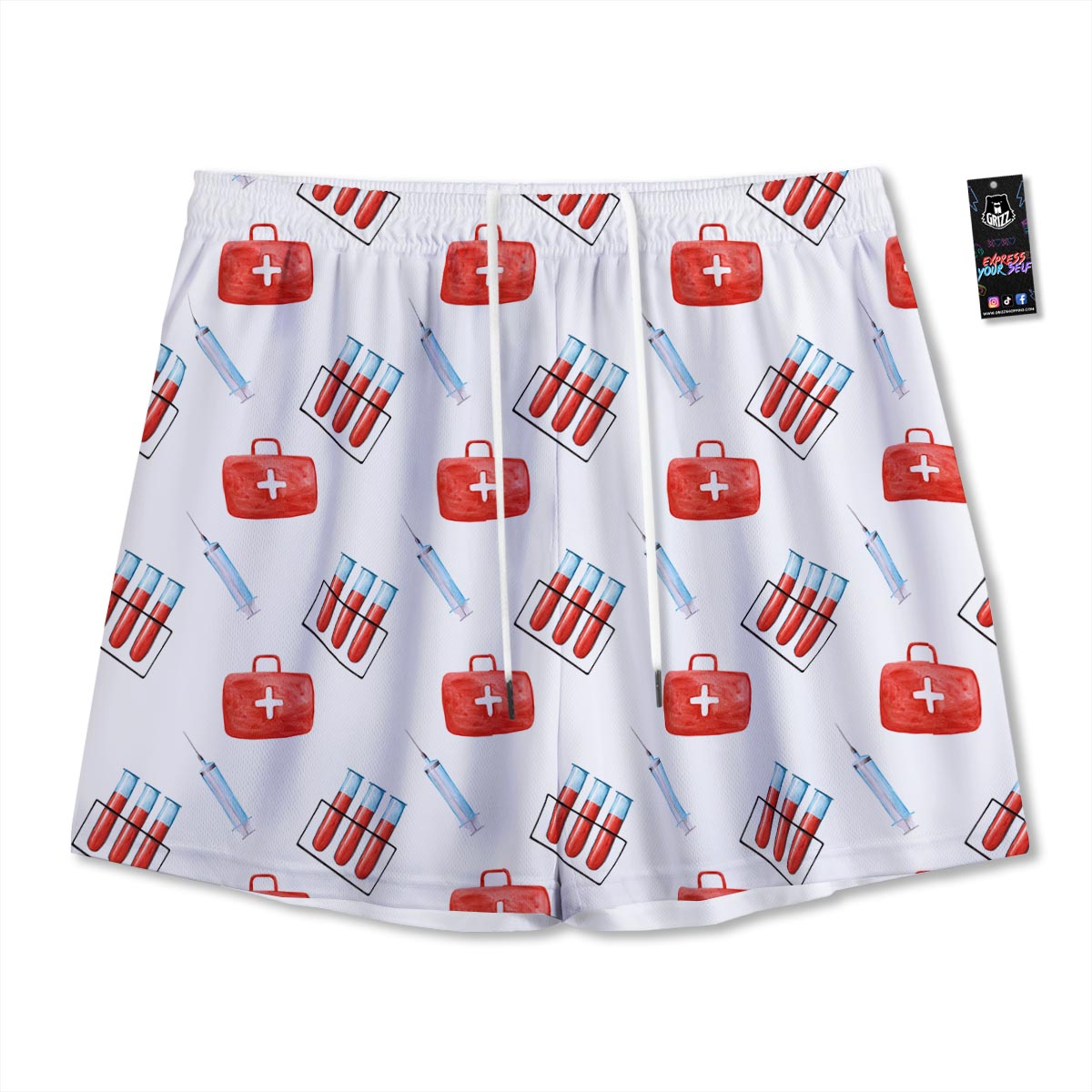 Nurse White And Red Print Pattern Mesh Shorts