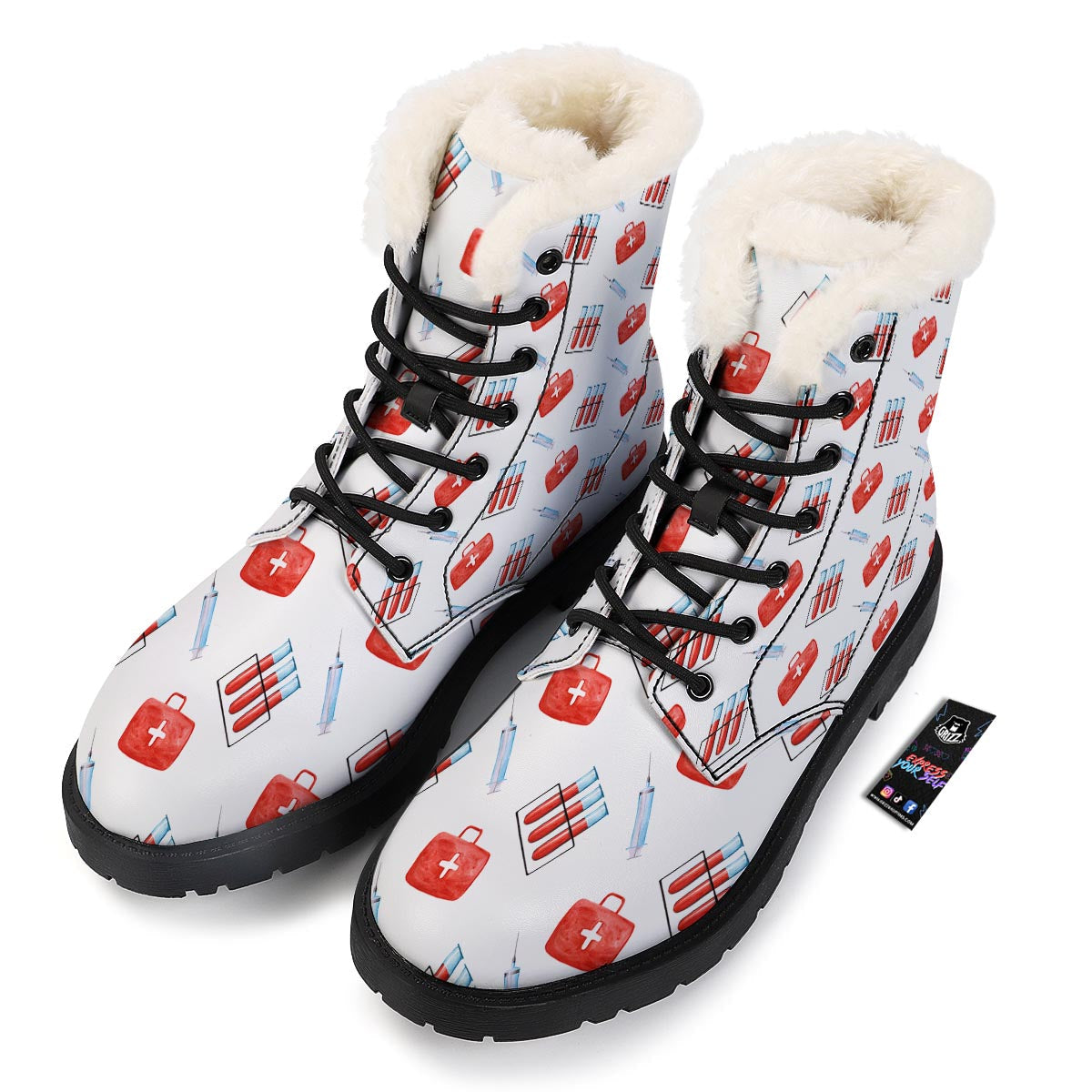 Nurse White And Red Print Pattern Winter Boots-grizzshop