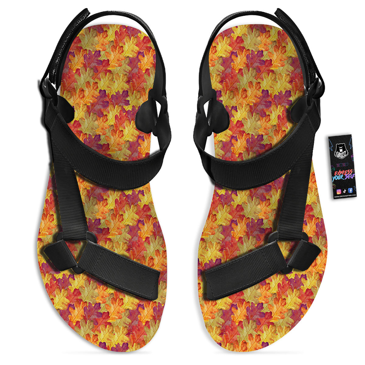 Oak Leaf Autumn Print Black Open Toe Sandals-grizzshop