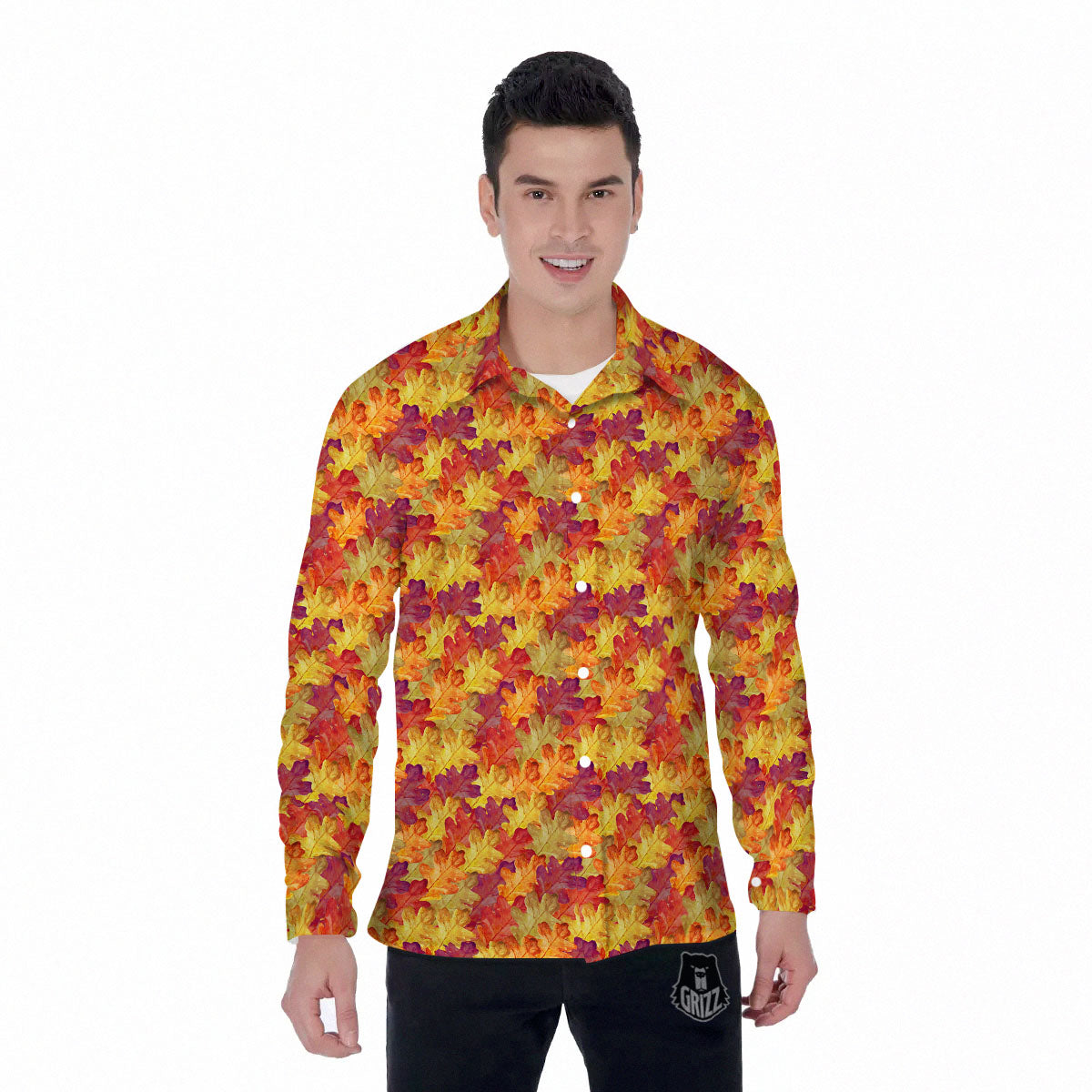 Oak Leaf Autumn Print Men's Long Sleeve Shirts-grizzshop