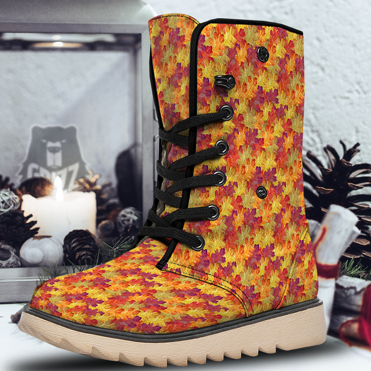 Oak Leaf Autumn Print Snow Boots-grizzshop