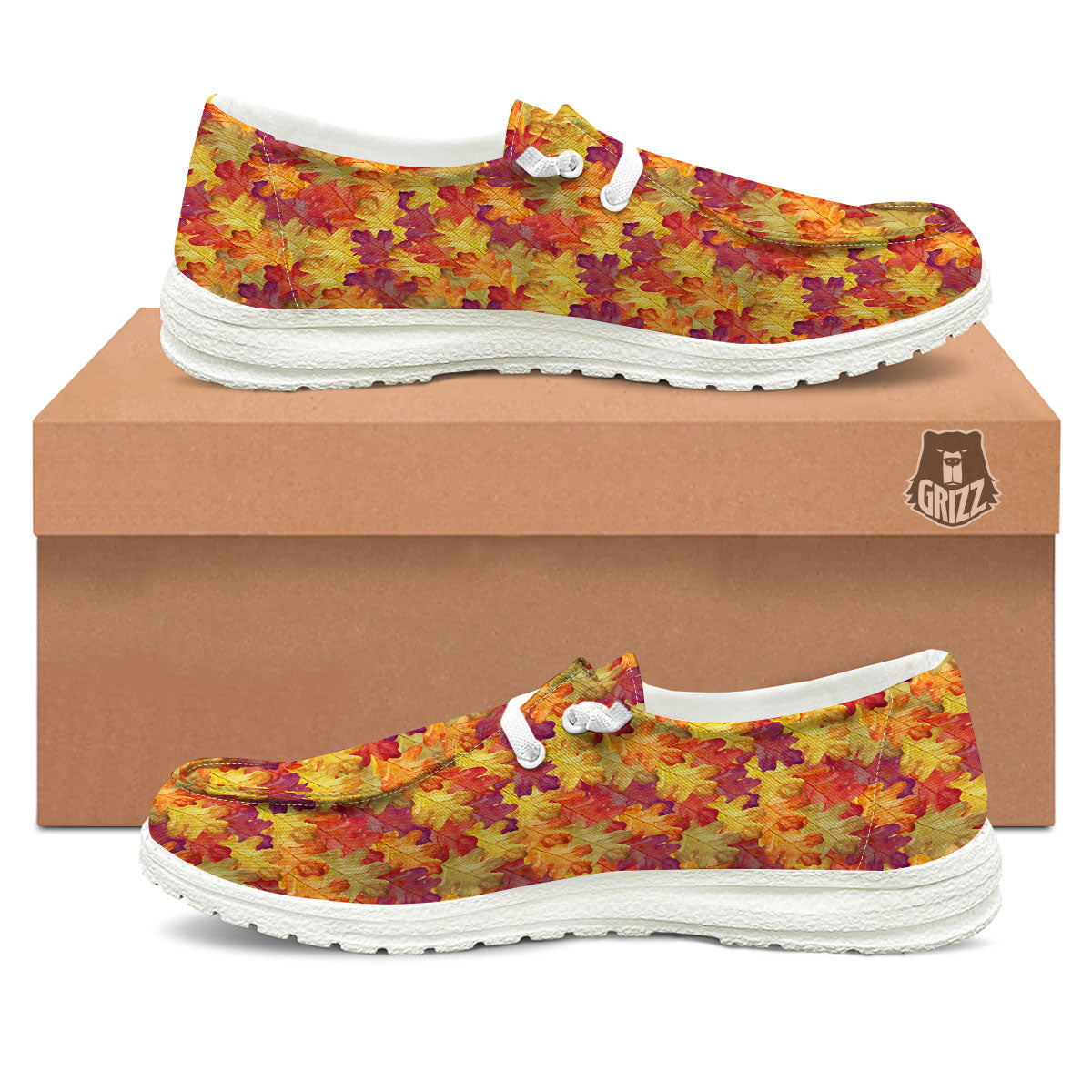 Oak Leaf Autumn Print White Loafers-grizzshop