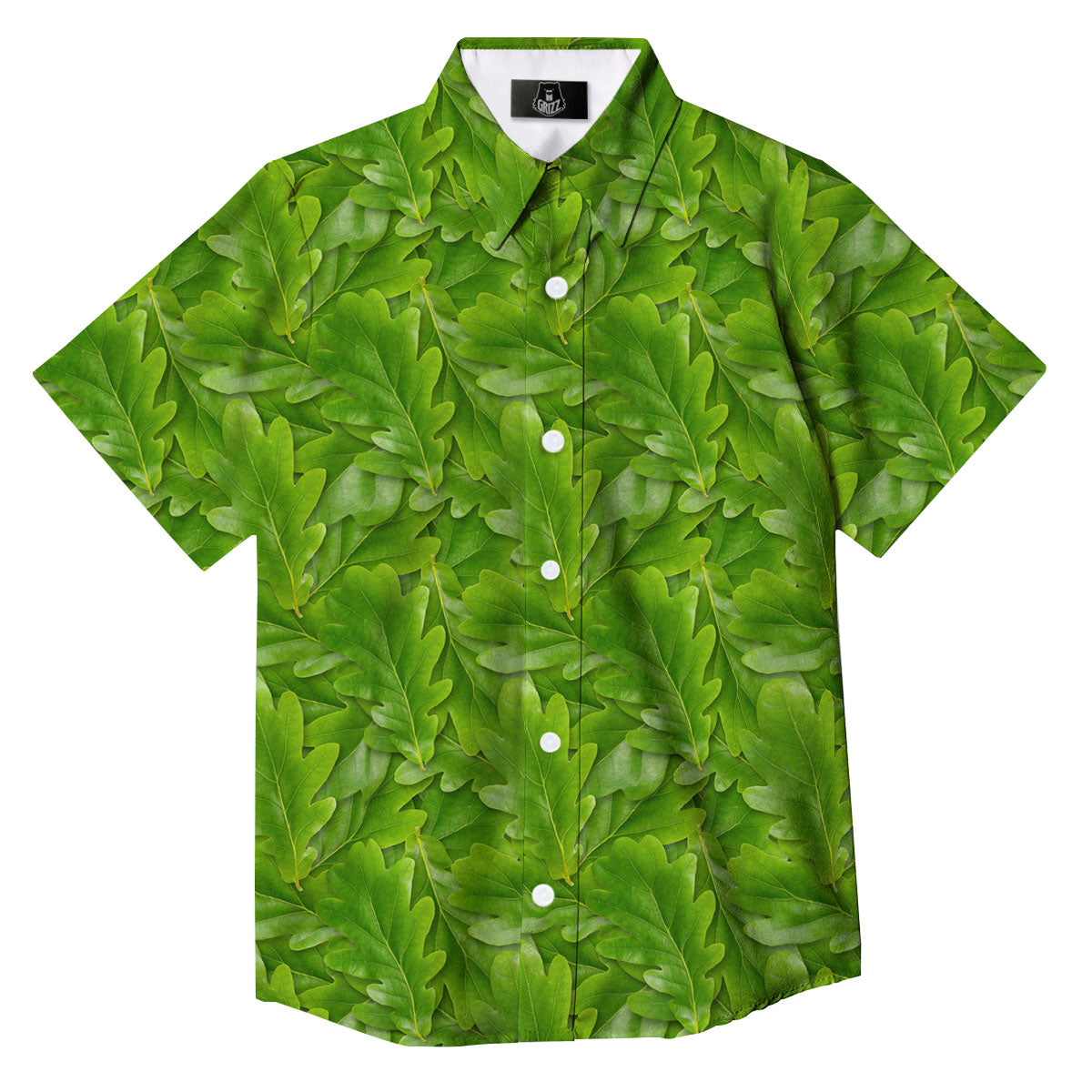 Oak Leaf Green Print Button Up Shirt-grizzshop