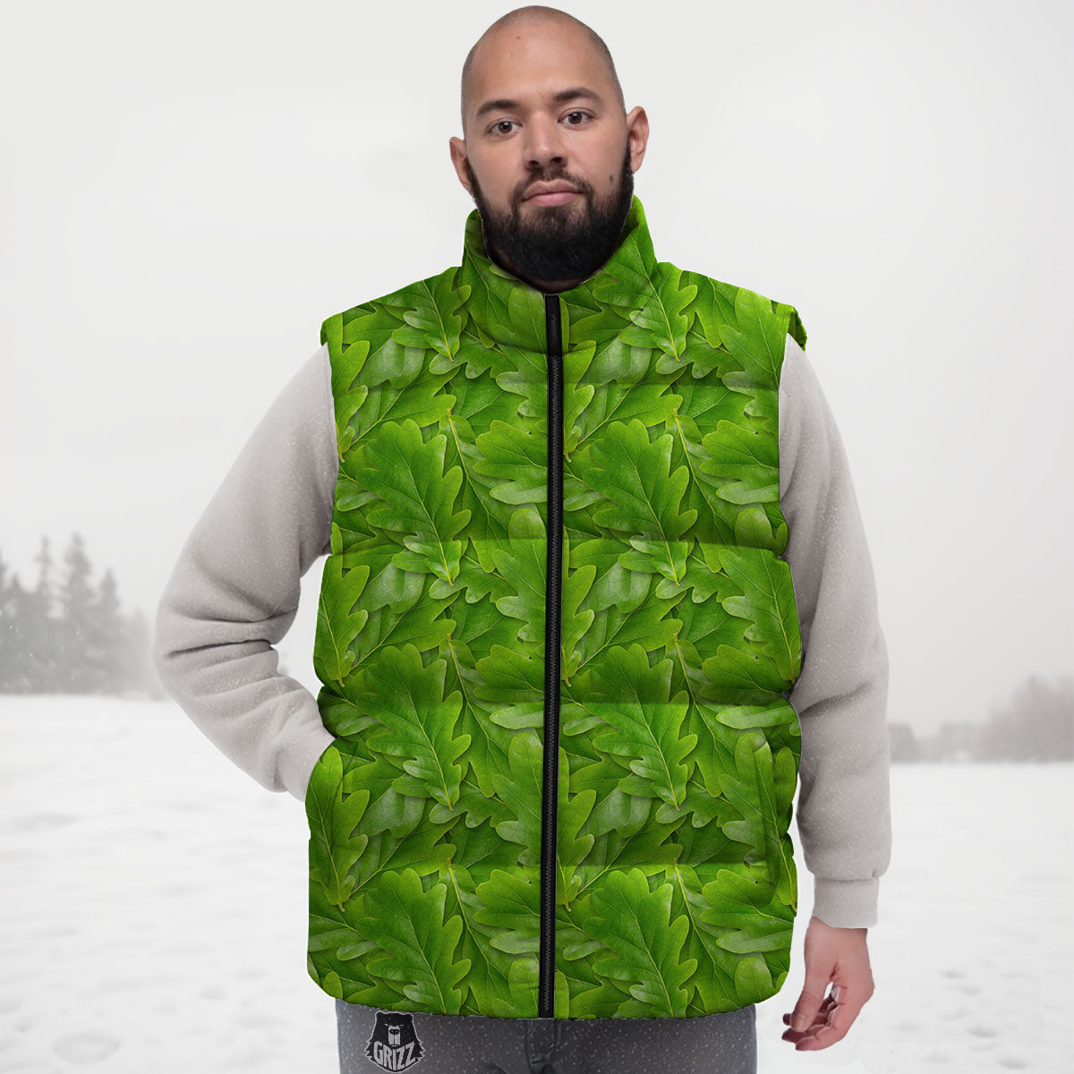 Oak Leaf Green Print Down Vest