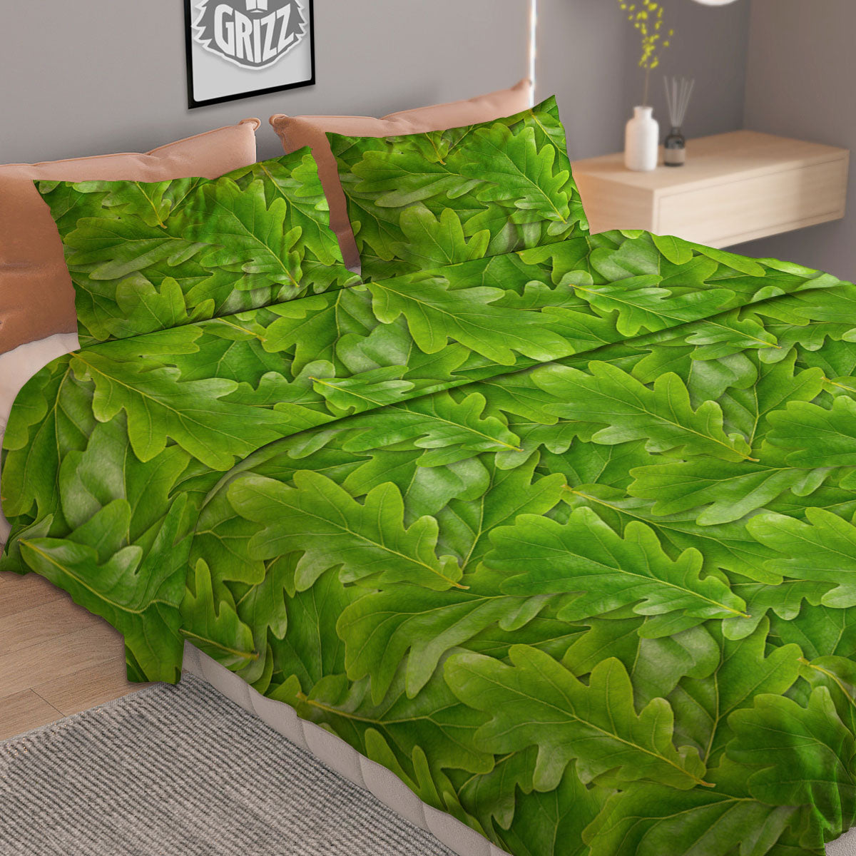 Oak Leaf Green Print Duvet Cover Bedding Set