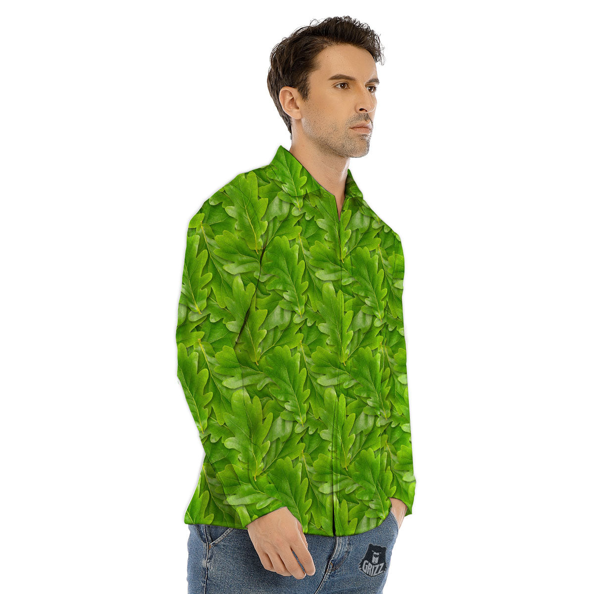 Oak Leaf Green Print Men's Dress Shirts-grizzshop