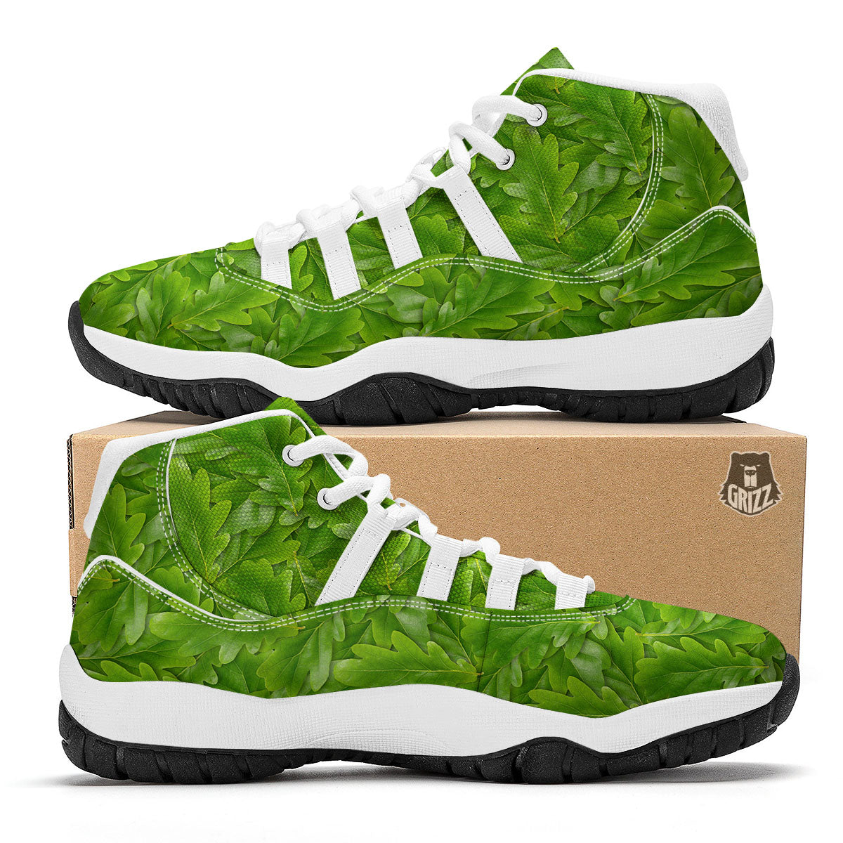 Oak Leaf Green Print White Bball Shoes-grizzshop