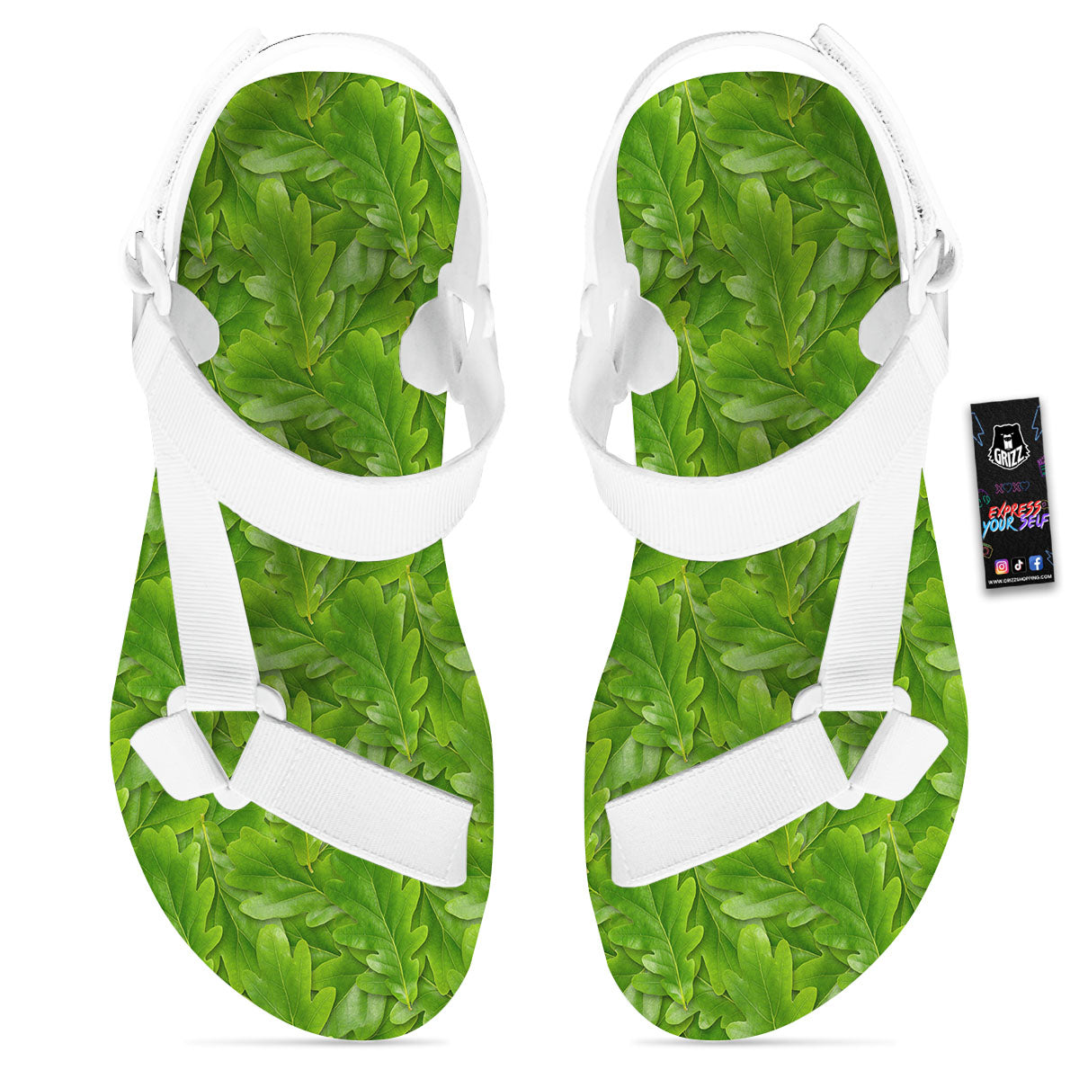 Oak Leaf Green Print White Open Toe Sandals-grizzshop