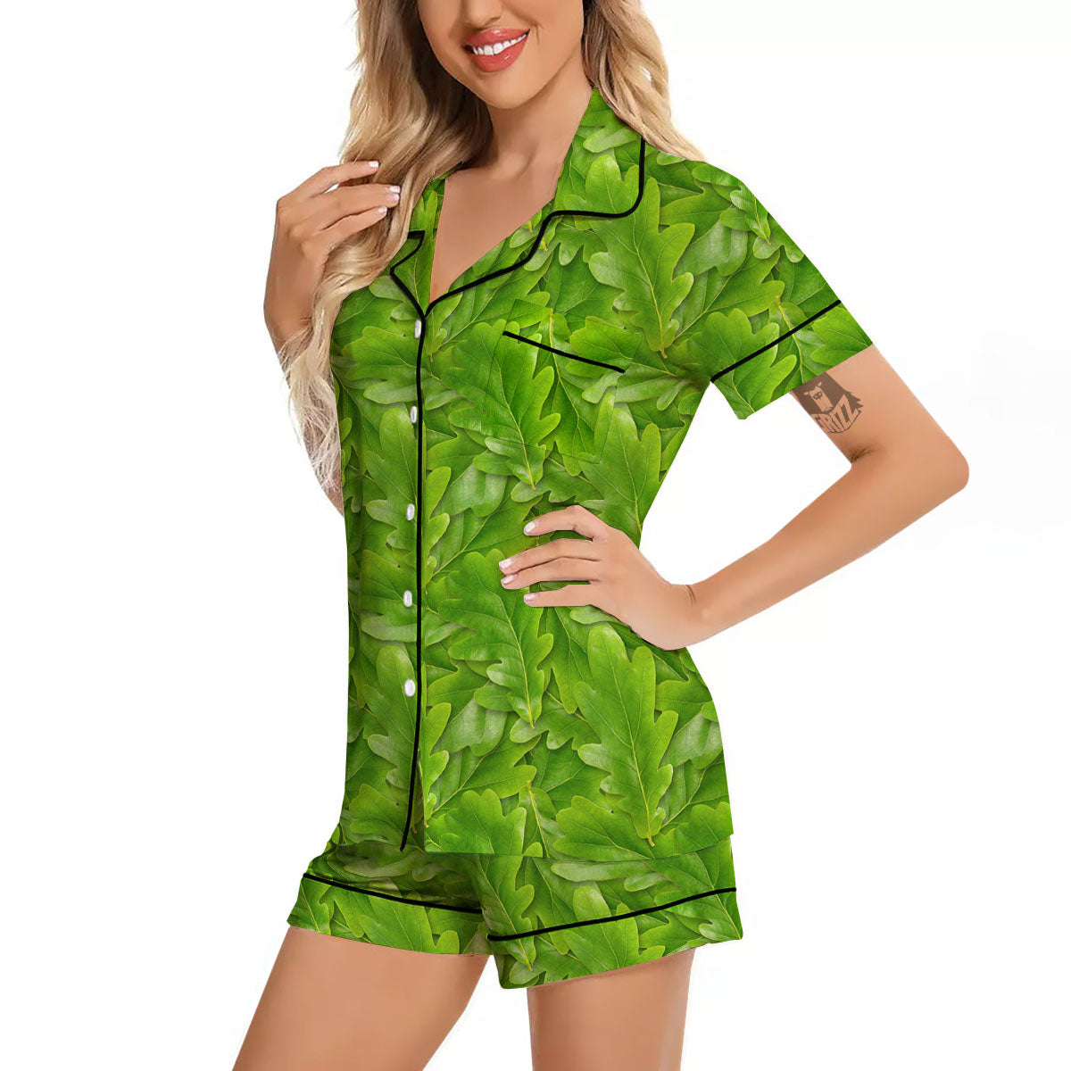 Oak Leaf Green Print Women Silk Pajamas-grizzshop