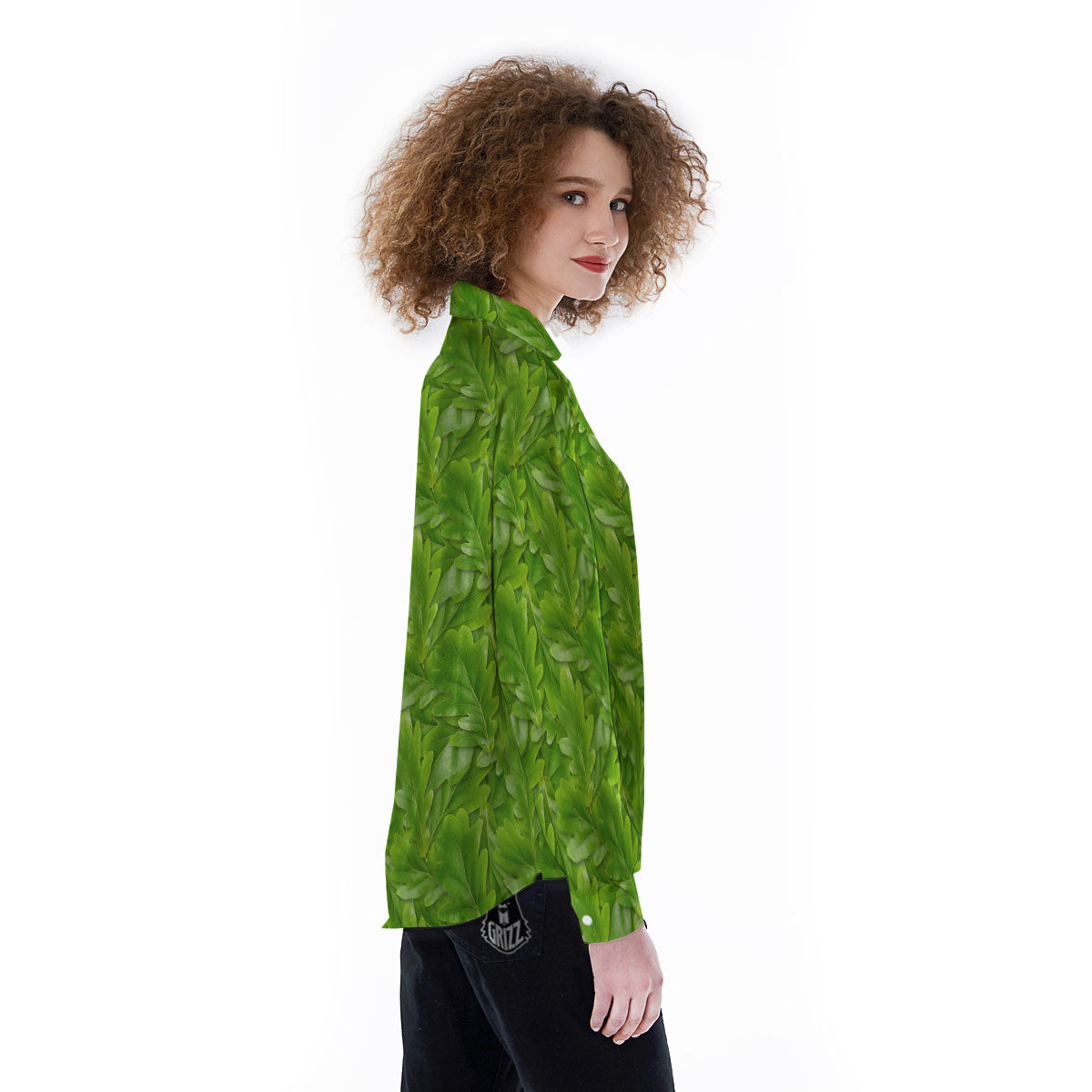 Oak Leaf Green Print Women's Long Sleeve Shirts-grizzshop