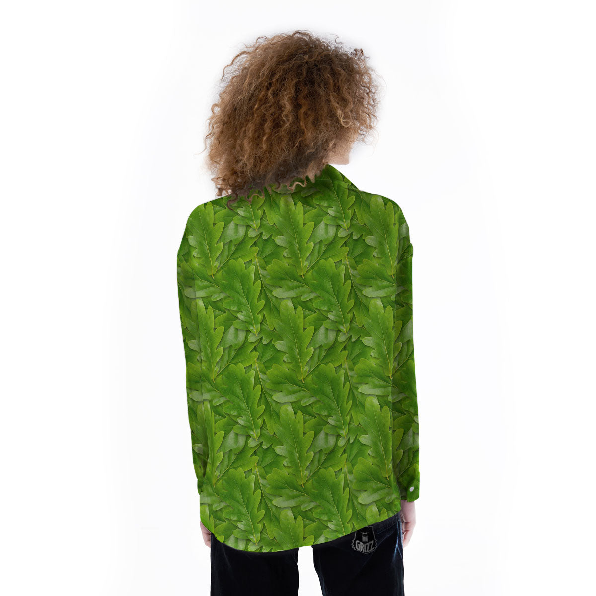 Oak Leaf Green Print Women's Long Sleeve Shirts-grizzshop