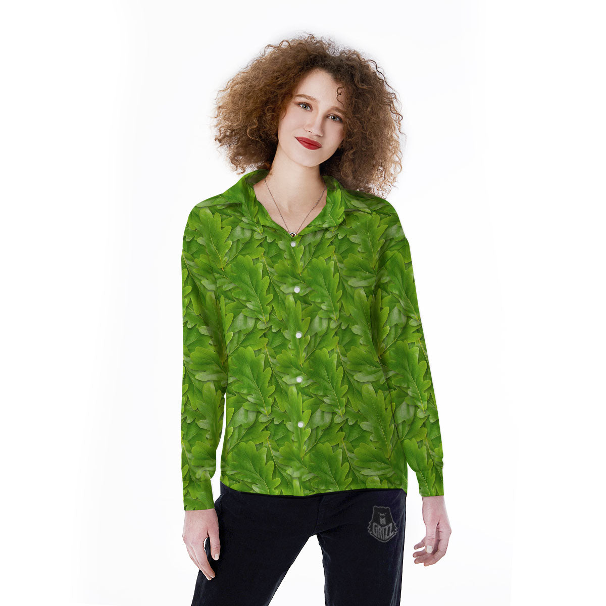 Oak Leaf Green Print Women's Long Sleeve Shirts-grizzshop
