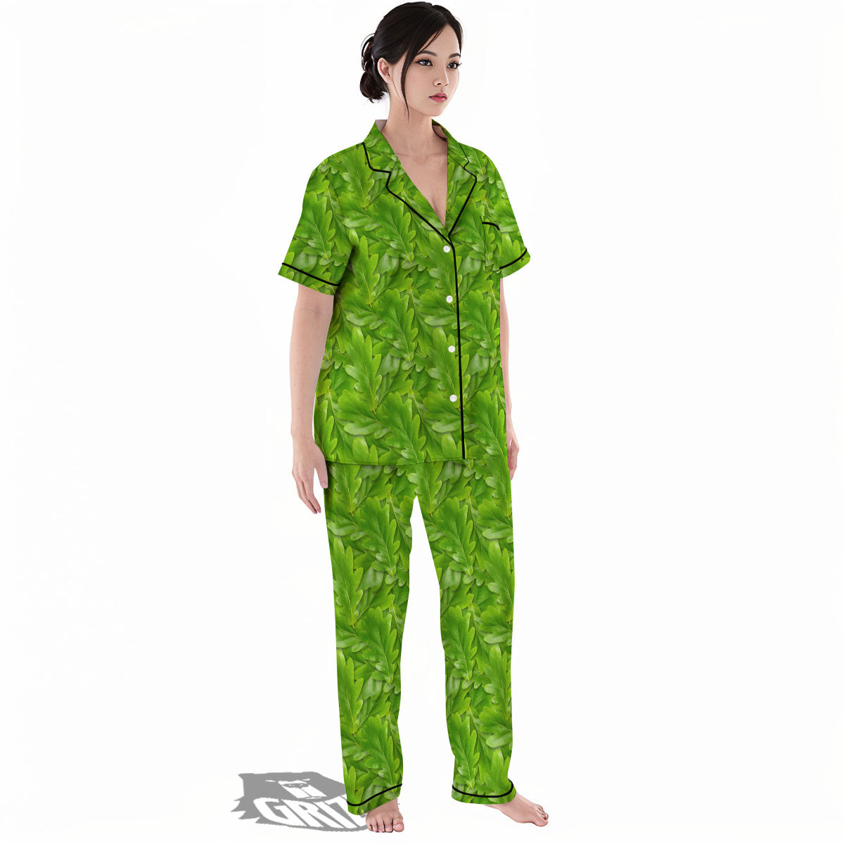 Oak Leaf Green Print Women's Pajamas Set-grizzshop