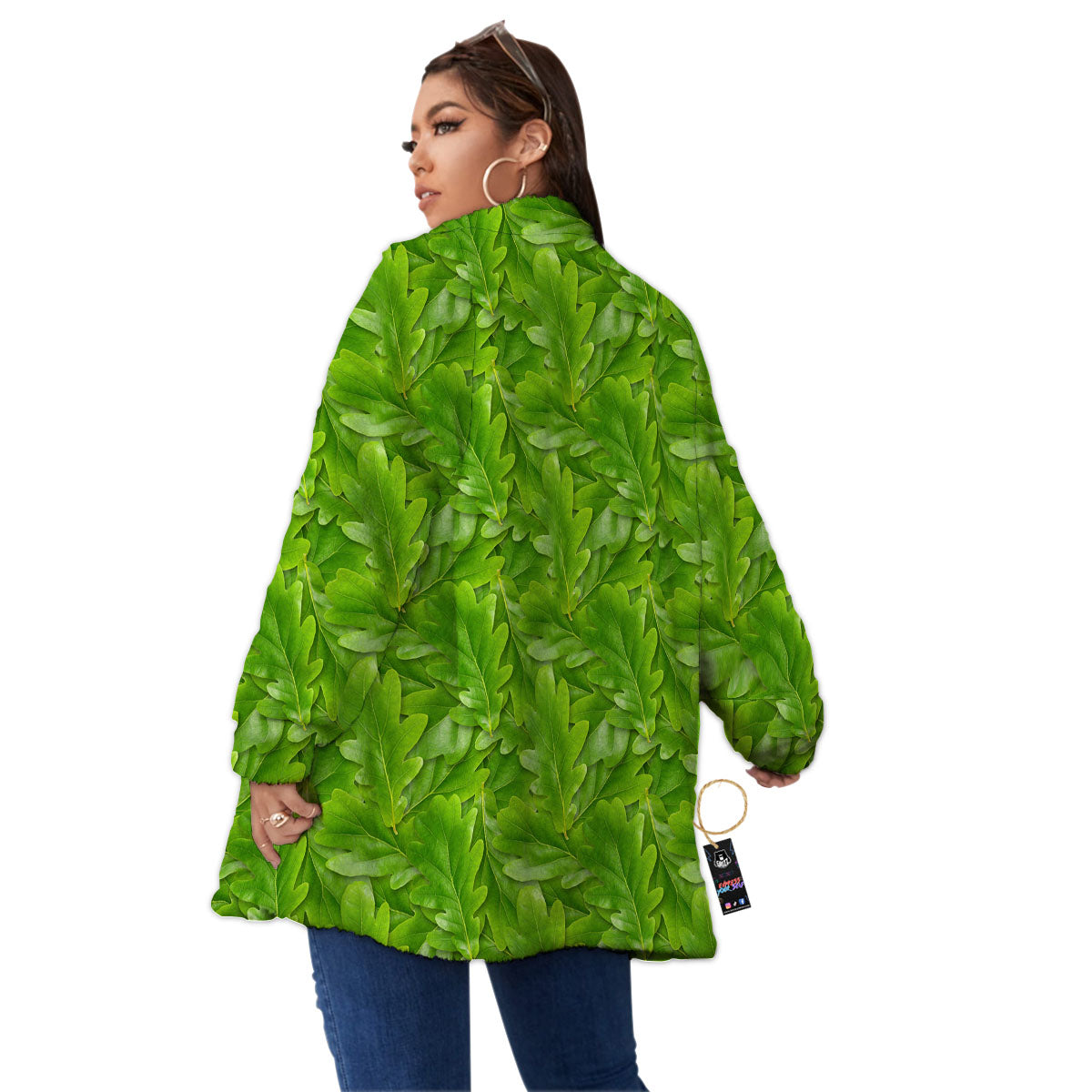 Oak Leaf Green Print Women's Sherpa Jacket-grizzshop