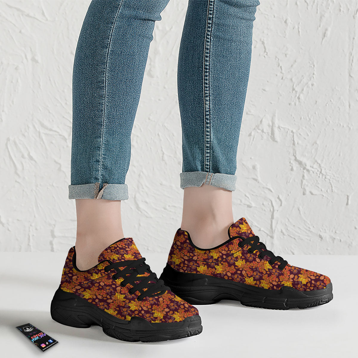 Oak Maple Print Pattern Black Chunky Shoes-grizzshop