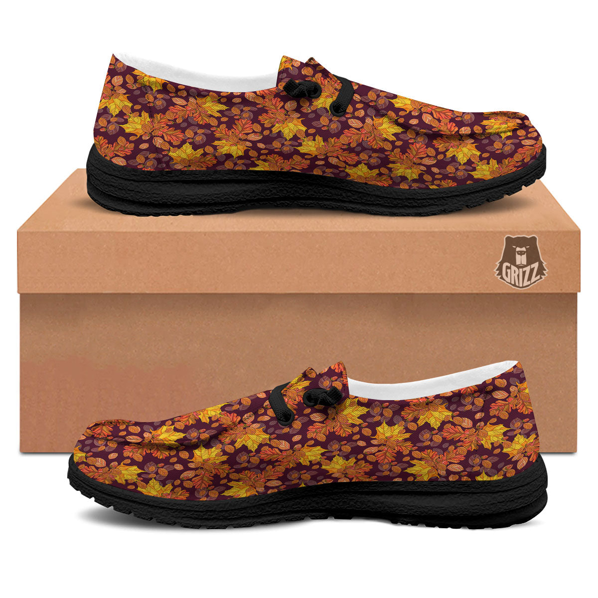 Oak Maple Print Pattern Black Loafers-grizzshop