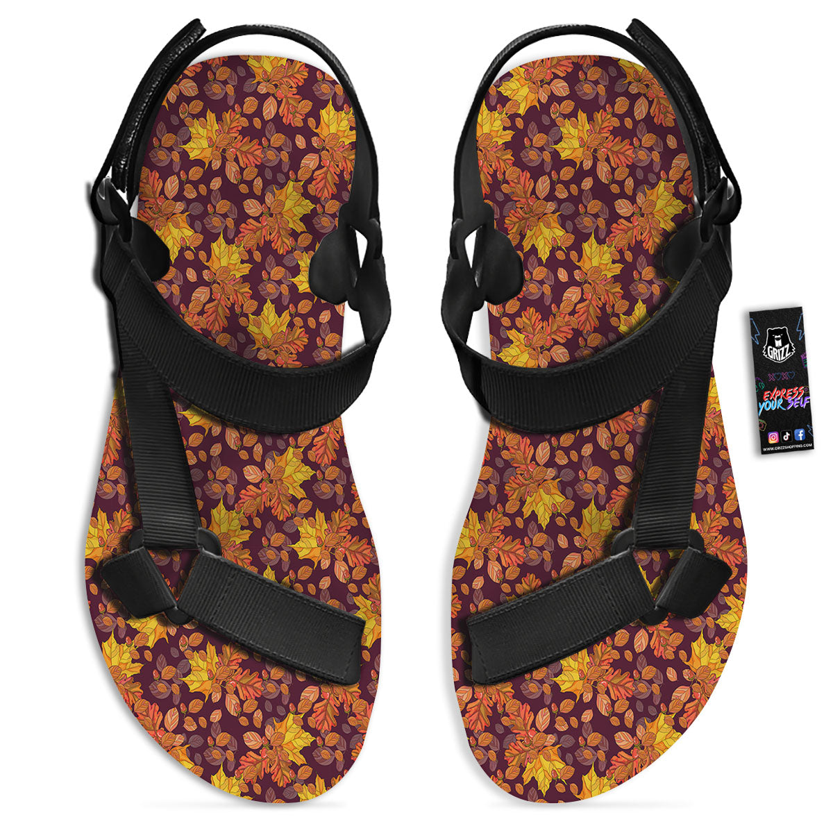 Oak Maple Print Pattern Black Open Toe Sandals-grizzshop