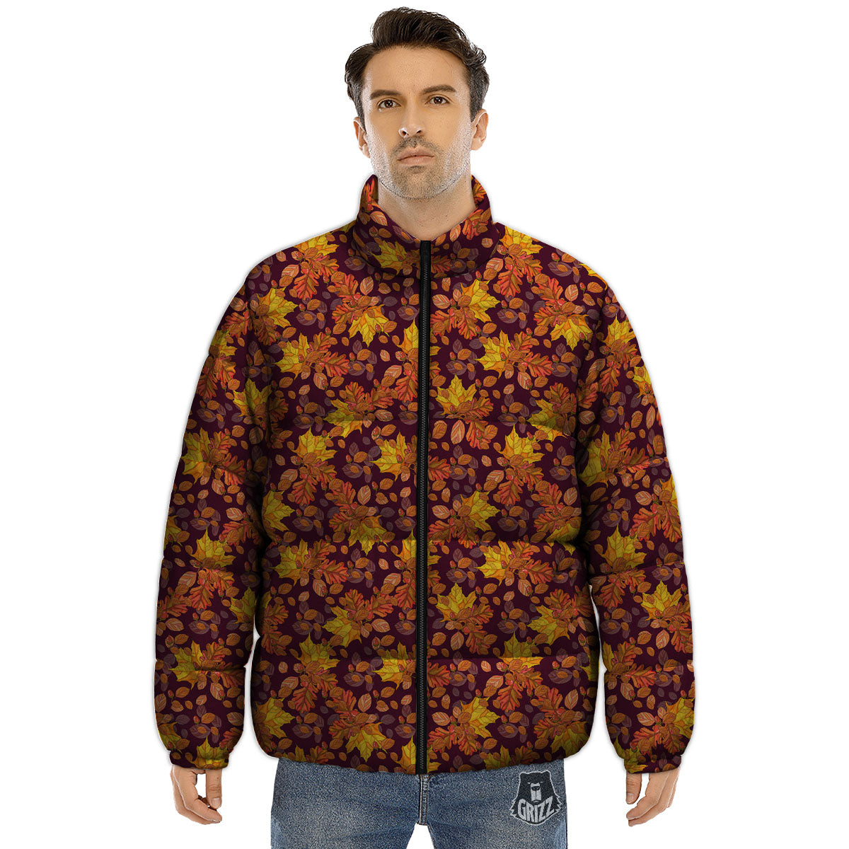 Oak Maple Print Pattern Puffer Jacket-grizzshop