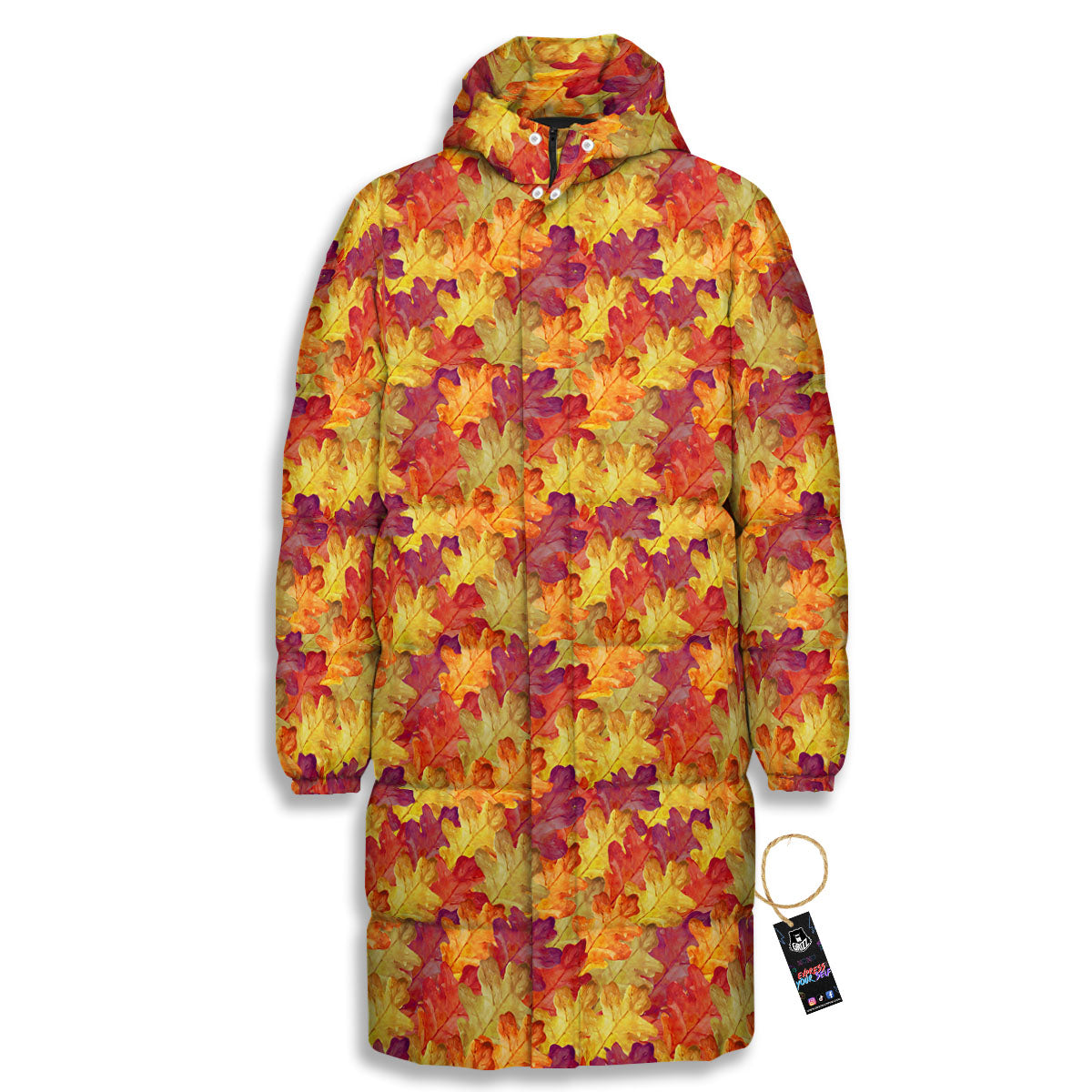 Oak Leaf Autumn Print Long Down Jacket